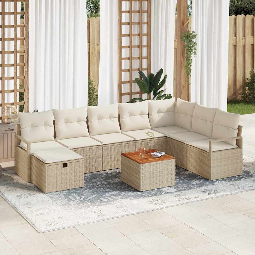 Garten-Sofa-Set mit Kissen mit Speicher 9 pcs Beige Poly Rattan